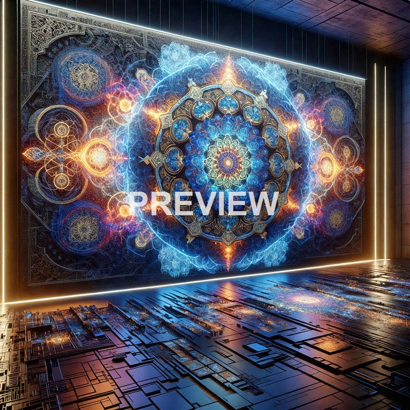 A highly detailed, glowing digital artwork featuring intricate, mandala-like patterns in blue, gold, and orange hues, displayed on a large wall with a reflective surface beneath it.